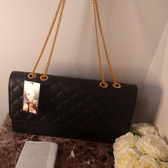 Black Elegant Diamond Quilted Old Hollywood Shoulder Bag - Picture 4 of 5